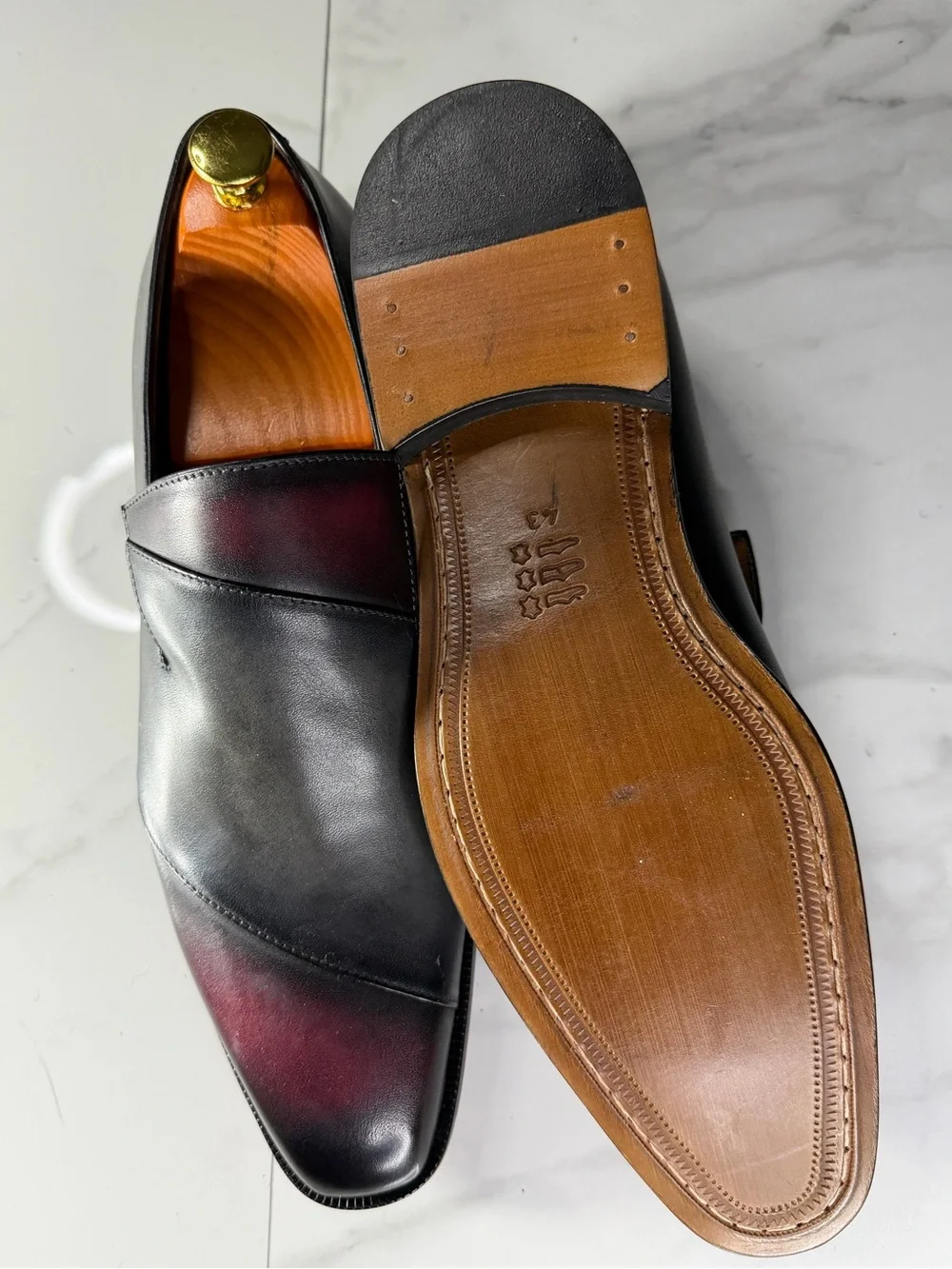 Men's Black Leather Slip-On Loafers with Burgundy Patina